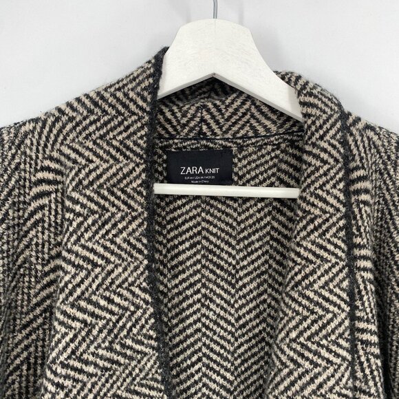 ZARA KNIT HOUNDS TOOTH PONCHO SHAWL OPEN FRONT CARDIGAN WOOL BLEND SIZE MEDIUM - Picture 2 of 4
